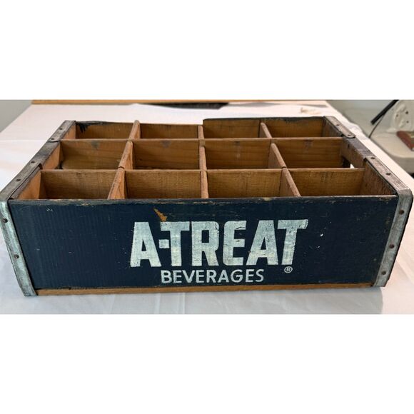 Other - Vintage A-Treat Beverages Wooden Soda Crate 12 Bottle Carrier Advertising Box